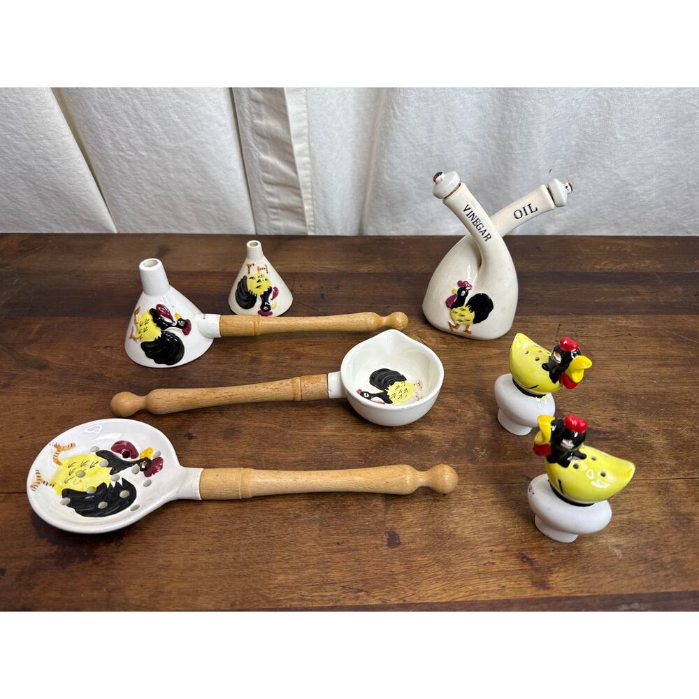 Vintage Hand Painted Ceramic Rooster Chicken Kitchen Utensil Tool Gadget Japan